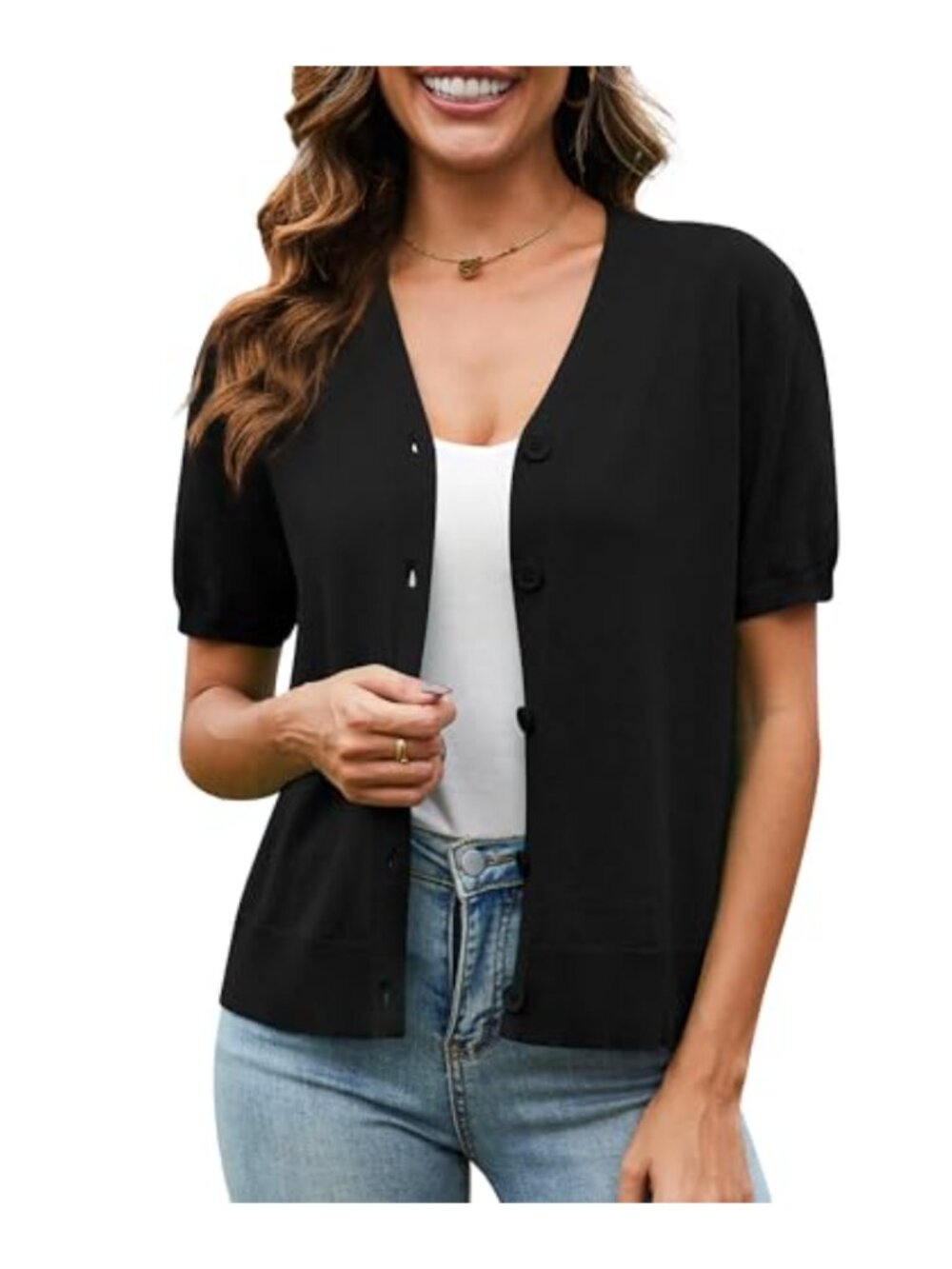 Lightweight Crochet Knit Cardigan for Women, Ribbed V Neck Button Down Shrug